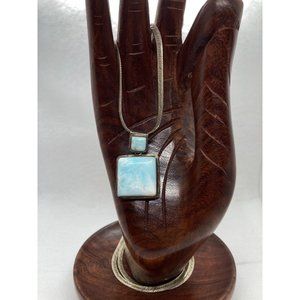 Vintage Italian 925 Silver Herringbone Chain Sky Blue Agate Pendant Necklace